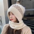 Fashionable Knit Hat Winter Hat for Women Knitted Windproof Warm with Plush Ball Decor Anti-slip Beanie Scarf Combo Stylish Ear.