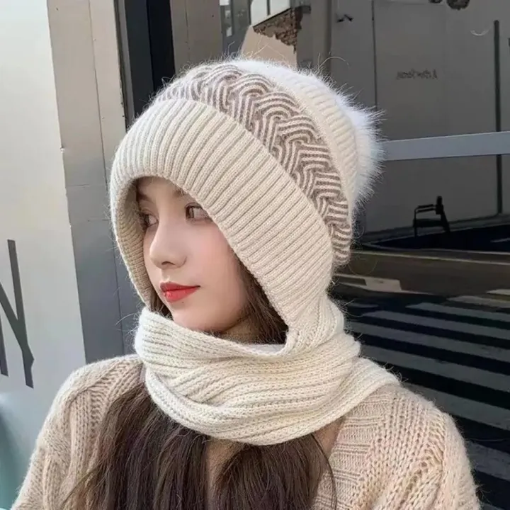 Fashionable%20Knit%20Hat%20Winter%20Hat%20for%20Women%20Knitted%20Windproof%20Warm%20with%20Plush%20Ball%20Decor%20Anti-slip%20Beanie%20Scarf%20Combo%20Stylish%20Ear%20-%20Image%202