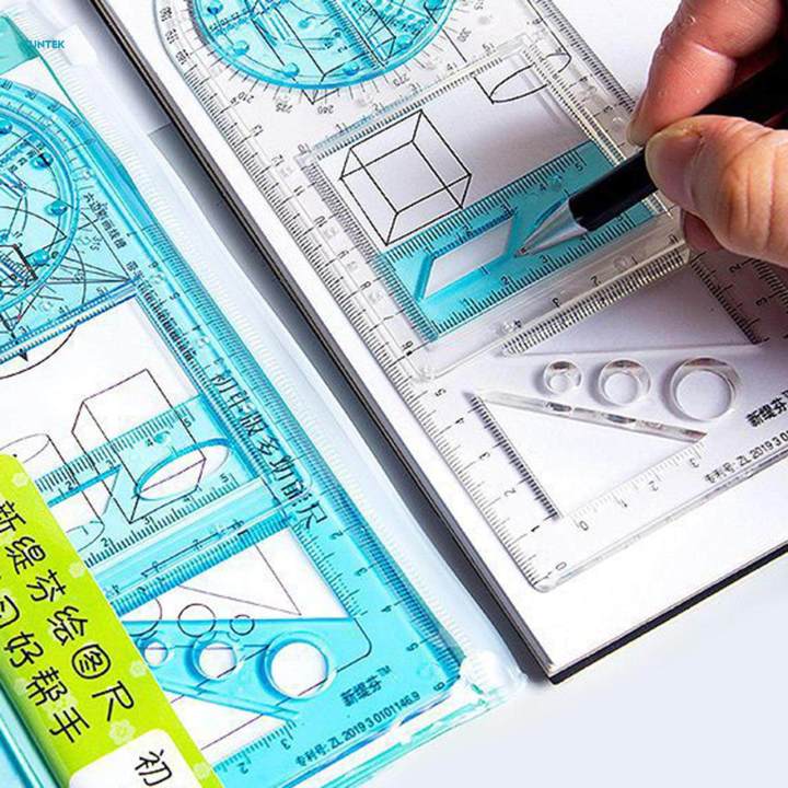 Multifunctional Geometric Ruler Supplies Office Mathematics Drawing Template Blue Primary
