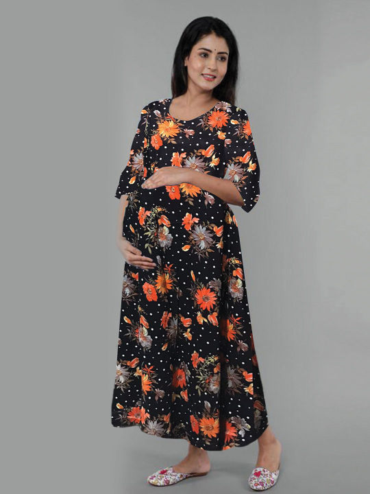 Linen%20Double%20Zipper%20Brest%20Feeding%20Maternity%20Kuchi%20Maxi%20For%20Women%20-%20Image%205