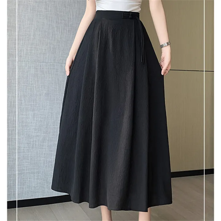 Seoulish%20Cotton%20Pleated%20Long%20Skirts%20for%20Women%202024%20New%20Summer%20Spring%20Elegant%20Solid%20Elastic%20High%20Waist%20A-Line%20Midi%20Skirts%20Female%20-%20Image%205