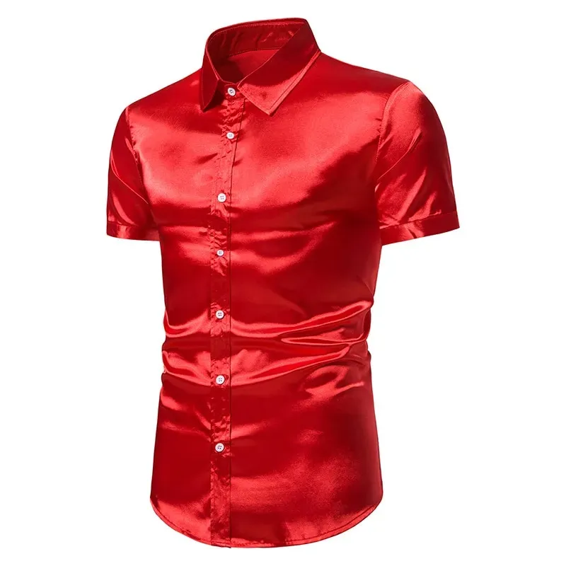 Red Silk Like Satin Shirt Men Short Sleeve Casual Smooth Mens