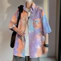 Tie-Dyed Gradient Color Short-Sleeved Shirt Men's Shirt Summer Trendy Fashion Coat Japanese Hong Kong Style Thin Ruan Handsome Shirt. 