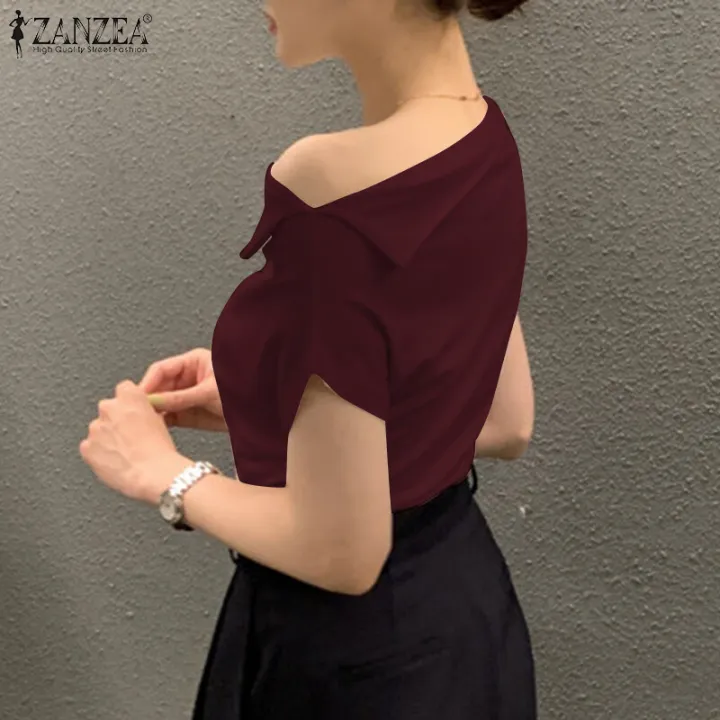 ZANZEA%20Women's%20Summer%20Holiday%20Casual%20Shirt%20Blouse%20Fitting%20Off%20Shoulder%20Irregular%20Tops%20#11%20-%20Image%204