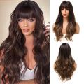 Brown Wig with Bangs Long Wavy Dark Brown Wigs for Women Synthetic Brunette Wig for Party Daily Use. 