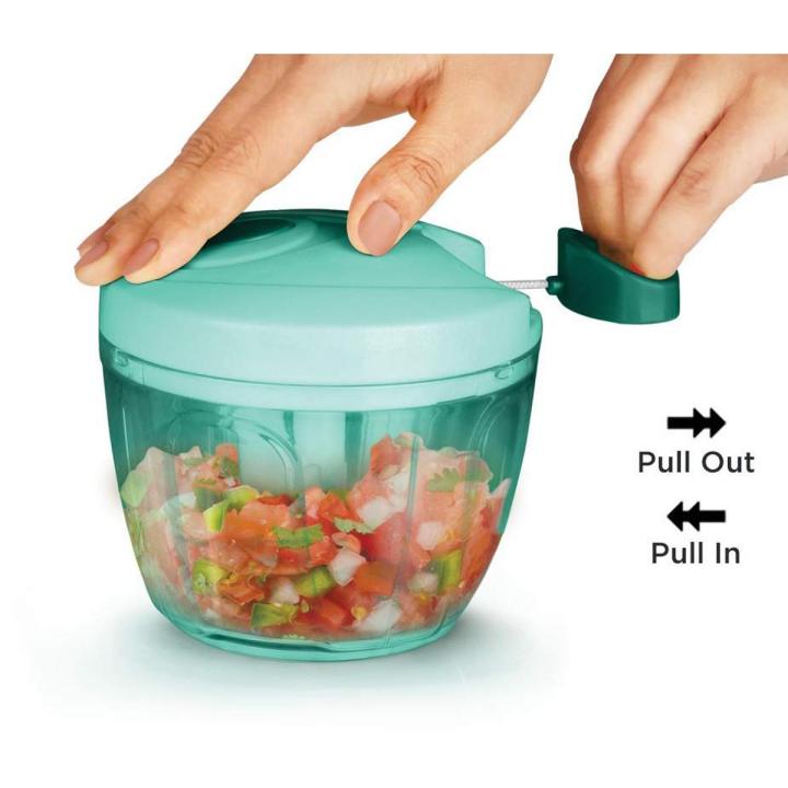 Vegetable Chopper Handy Quick Cutter for Kitchen, 3 Blade Stainless Steel, Pull String, Green