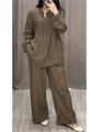 Ladies Casual Long Sleeve Pocket Shirts 2 Piece Set Fashion Loose Pleated Wide-leg Pants Suit. 