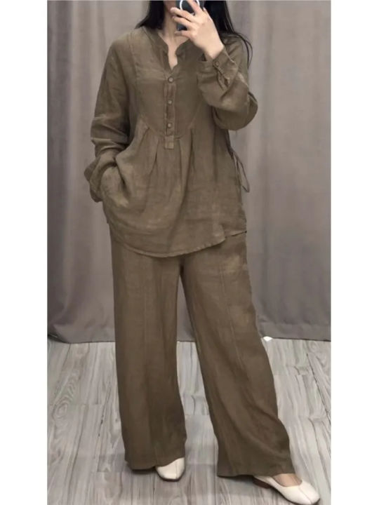 Ladies%20Casual%20Long%20Sleeve%20Pocket%20Shirts%202%20Piece%20Set%20Fashion%20Loose%20Pleated%20Wide-leg%20Pants%20Suit%20-%20Image%205