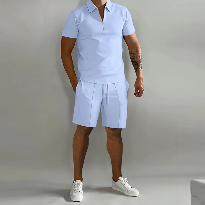 2023 Men's summer solid color sports Polo shirt set casual street wear Breathable top + shorts Home office 2-piece suit S-3XL