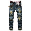 Men Dark Blue Ripped Jeans Denim Destroyed Cotton Casual Hole Ruined Trousers For Male Fashion Long Plus Size 28-42.