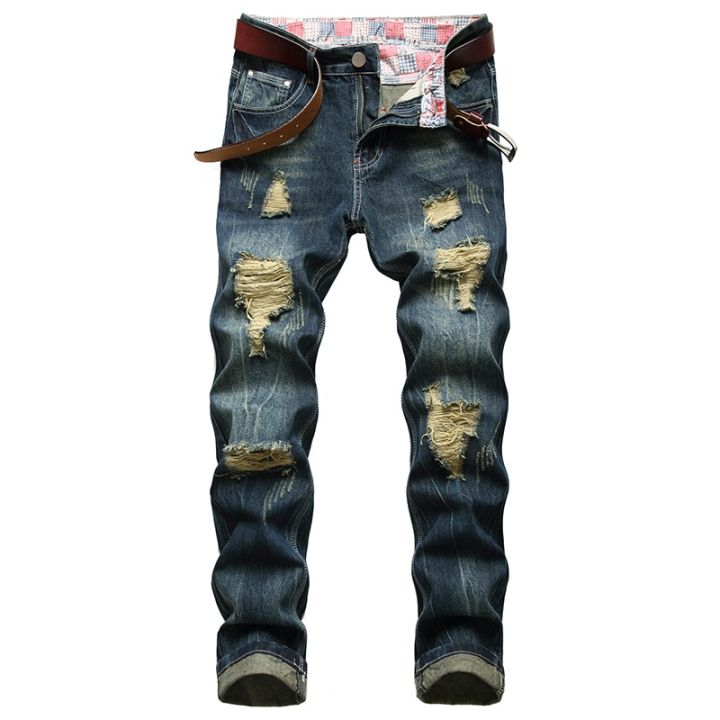 Men Dark Blue Ripped Jeans Denim Destroyed Cotton Casual Hole Ruined Trousers For Male Fashion Long Plus Size 28-42