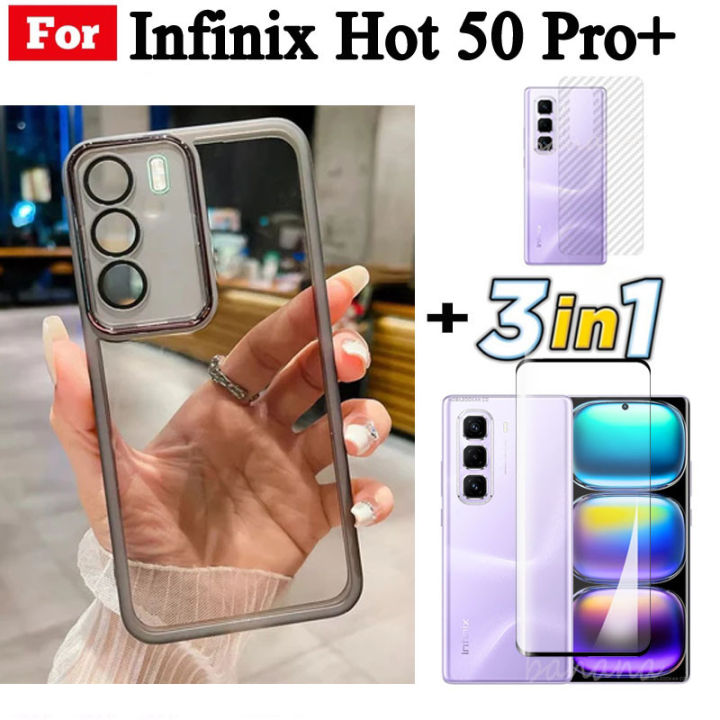 3 in 1 Infinix Hot 50 Pro+ 4G TPU Soft Silicone Transparent Phone Cover with Camera Protective Film Back Cover Infinix Note 40 Pro+ Tempered Glass+Back Film