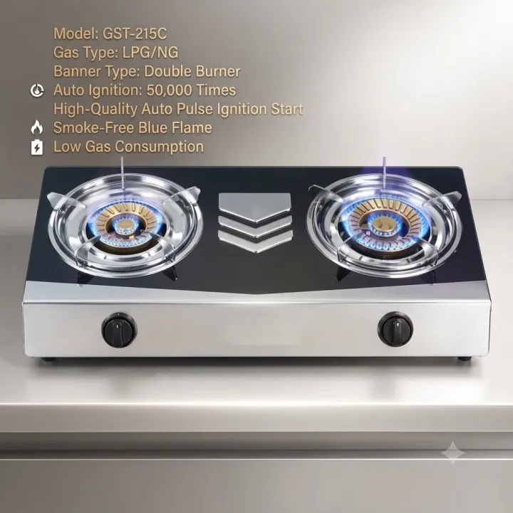 Gazi GST-215C Double Burner Gas Stove - Black and Silver (NG Only)