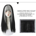 7JHH WIGS Highlighted Grey Black Kinky Straight Synthetic Wigs With Fluffy Bangs For Women Daily Wear Toupee Heat-Resistant Hair.