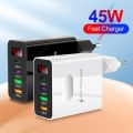 4 Ports Quick Charger Head 2 Type-C 45W Multi Plug Wall Charger 2 USB Phone Charging Adapter Digital Display for iPhone Huawei. 