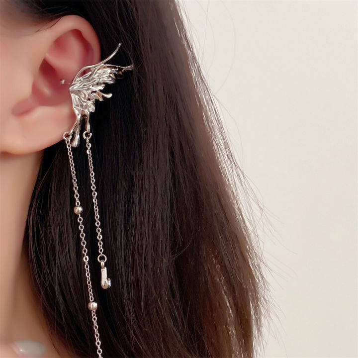 1 Pair /single Angel Wings Earrings Liquid Metal Butterfly Tassel Ear Cuff Non Piercing Earrings Trendy Punk Design Female Long Ear Clip Jewelry