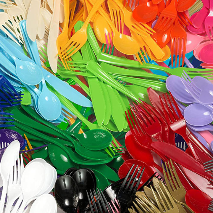 Reusable Blue Yellow Green Black Purple Knives Forks Spoons Cutlery Birthday Party Tableware Wedding Anniversary Party Supplies