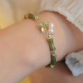 Fashion Light Luxury Retro Green Bamboo Joint Bracelet Women Romantic Imitation Pearl Pendant Bangle Jewelry Accessories Gifts Huiye. 