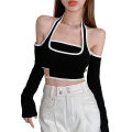 Jumperjuser-Female Crop Tops, Off Shoulder Long Sleeve Fake Two Pieces T-Shirt Blouse for Spring Summer, Gray/Black.