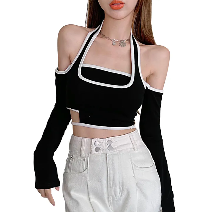 Jumperjuser-Female%20Crop%20Tops,%20Off%20Shoulder%20Long%20Sleeve%20Fake%20Two%20Pieces%20T-Shirt%20Blouse%20for%20Spring%20Summer,%20Gray/Black%20-%20Image%202