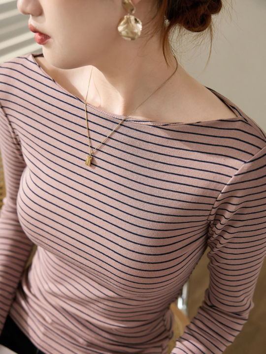 High-Grade%20Retro%20off-Neck%20Stripes%20T%20T-shirt%20Women's%20Long%20Sleeve%202024%20Autumn%20and%20Winter%20New%20Slim%20Cotton%20Bottoming%20Shirt%20Top%20-%20Image%205