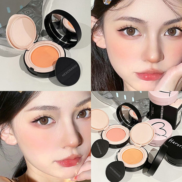 Korean Mousse Blush Palette with Mini Puff Cheek Contour Monochrome Vibrant Orange Pink Blush Mud Easy To Wear Makeup Blusher