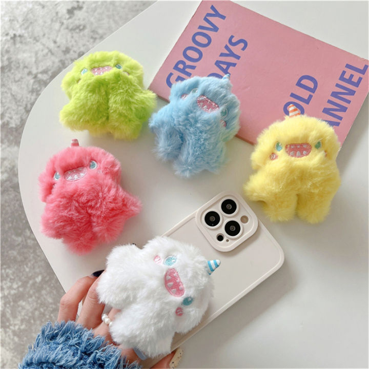 Ins Cute 3D Fuzzy Plush Monster Bracket Phone Grip Tok Griptok Korea Holder Ring For iPhone 14 13 Accessories Phone Stand Holder
