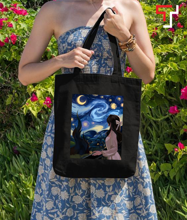 Customizely VAN GOGH Starry Night Printed Black and White Canvas Tote Bag with Zipper for Girls Daraz .bd