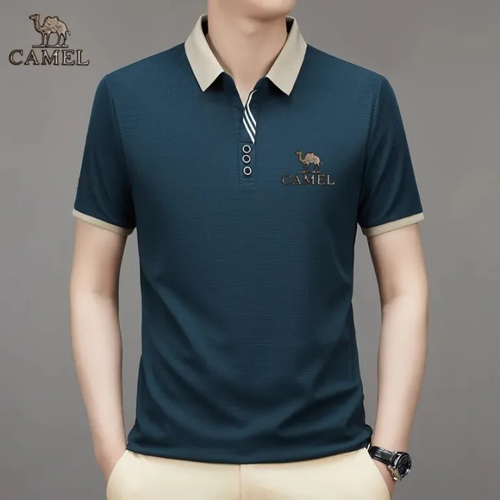 2024%20Camel%20Authentic%20Emblem%203D%20Gold%20Label%20Men's%20Middle%20and%20Youth%20Scissor%20Neck%20Ice%20Silk%20Breathable%20Fashion%20Short%20sleeved%20T-shirt%20-%20Image%204