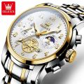 Olevs 2903 Silver Golden Two Tone Stainless Steel Chronograph Wrist Watch For Men. 