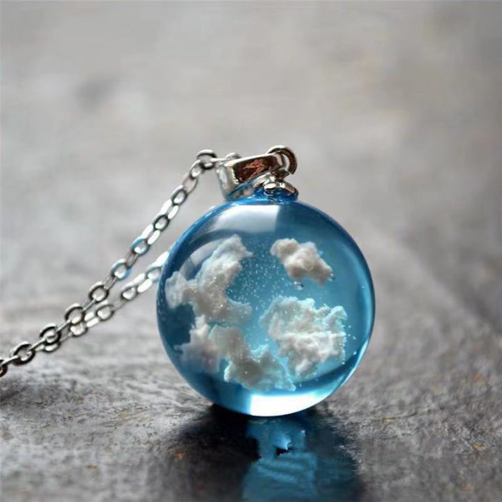 Resin Ball Moon Pendant Necklace Blue Sky White Cloud Chain