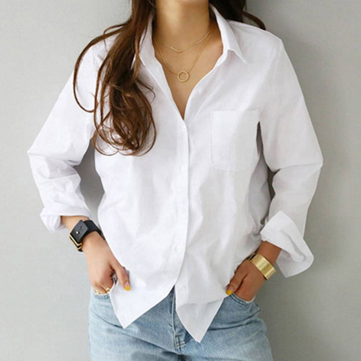 Spring One Pocket Women White Shirt Tops Long Sleeve Casual