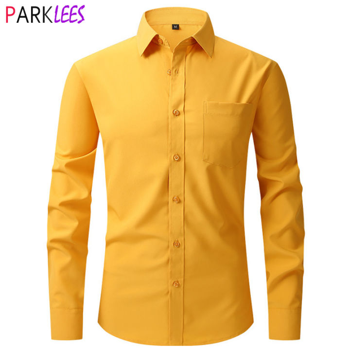 Yellow Mens Dress Shirts 2023 Spring New Regular Fit Stretch Button Down Shirt Men Wrinkle-Free Easy Care Causal Formal Chemise KEEMEEUYZO