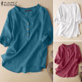 ZANZEA Women Short Sleeve V Neck Top Casual Loose Shirt Tee Solid Cotton Blouse #2.