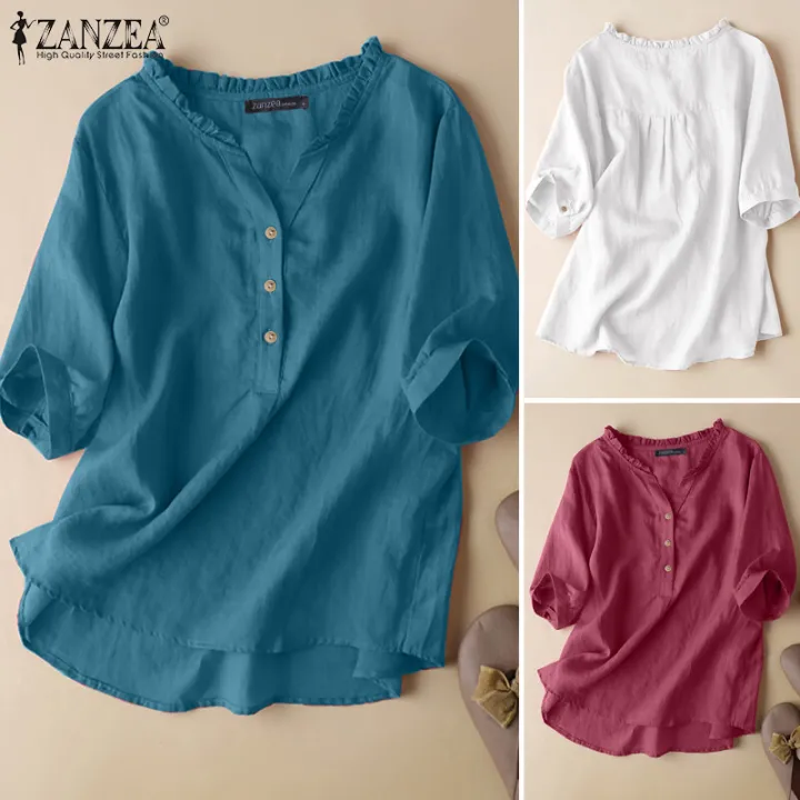 ZANZEA%20Women%20Short%20Sleeve%20V%20Neck%20Top%20Casual%20Loose%20Shirt%20Tee%20Solid%20Cotton%20Blouse%20#2%20-%20Image%207