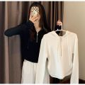 Hooded Drawstring Long Sleeve T T-shirt Women's Design Sense Niche Spring and Autumn New Minimalist Thin Korean Style ins Zip Top. 