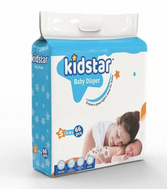 Kidstar Ultra Soft New Born Baby Belt Diaper Small (S) 66pcs Pack (3-8 Kg) for Kids Dryness, Safety and Comfortable Pampers