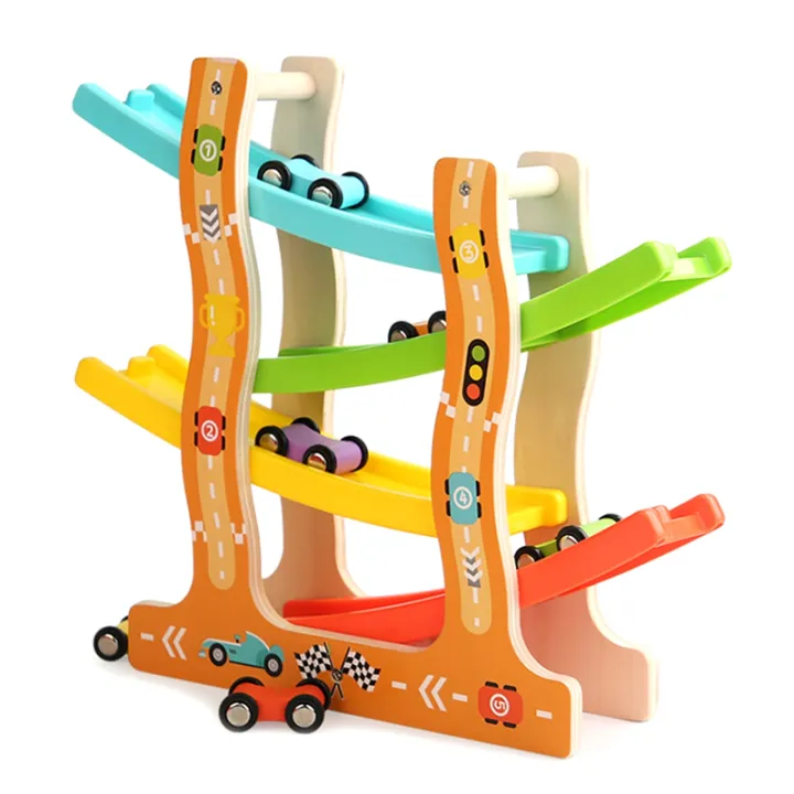 Wooden Racing Slide Cars Track Parking Lot Toys Gliding Ladder Vehicles ...