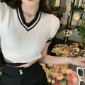 Women Cropped T Shirt Retro Knitted V-neck Pullover Tops Short-sleeved High-waisted Slim Fit Shirt. 