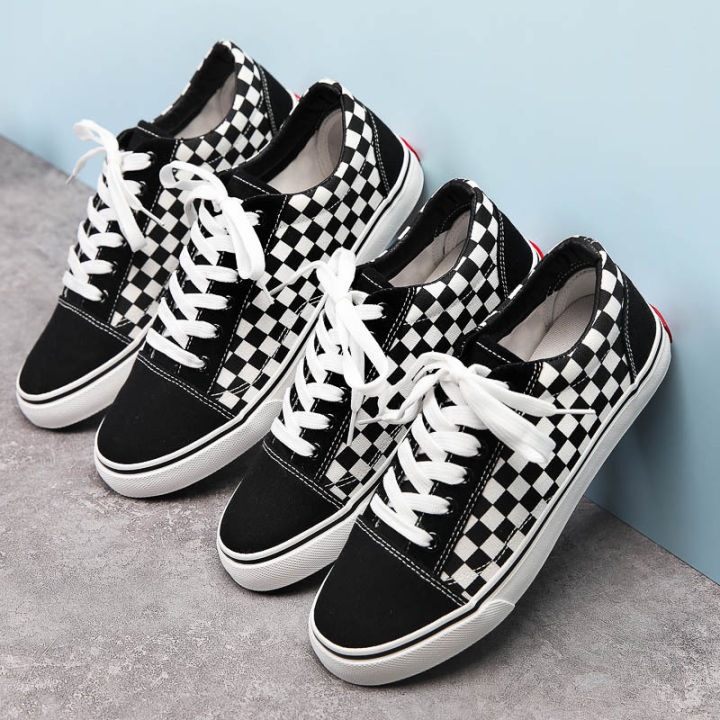 Spring New Harajuku Black-White Checkerboard Plaid Low-Top Canvas Shoes for Men and Women Korean Fashion Shoes Skateboard Shoes