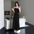 Spaghetti Strap Dresses Women Retro Slim Simple Daily A-line Maxi Dress.