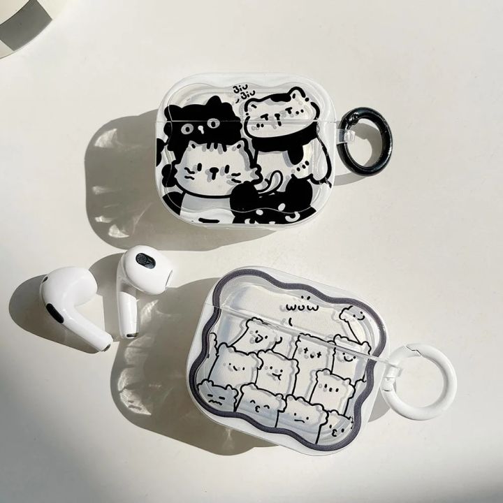 For Airpods Pro 2 Wavy Earphone Case Cartoon Cute Black White Line Stripe Cat Silicone Shell For Airpods 1 3 Transparent Headset BruberryBe