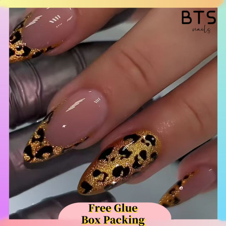 BTS【WITH GLUE】24Pcs Gold Leopard Print Removable Fake Nails DIY Art Design False Nails Wearable Nails Stylish Pattern Artificial Nails