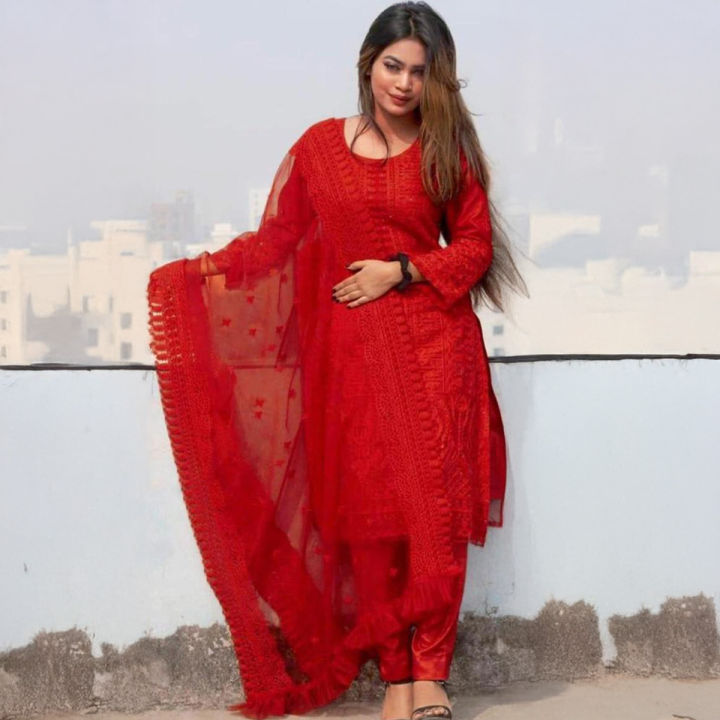 Everything House Special Indian Georgette 4 Piece Unstitched Salwar Kameez Set for Women, Butterfly Salwar, Net Orna, and Inner Included