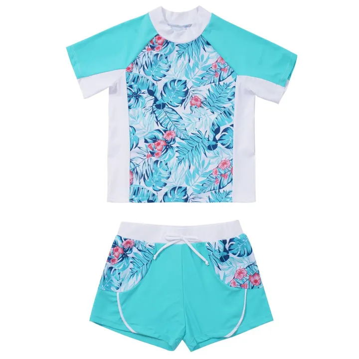 2Pcs%20Kids%20Girls%20Swimming%20Suit%20Round%20Neck%20Short%20Sleeves%20Floral%20Print%20Top%20Drawstring%20Boyshorts%20Beach%20Swimwear%20Bathing%20Suits%20-%20Image%202