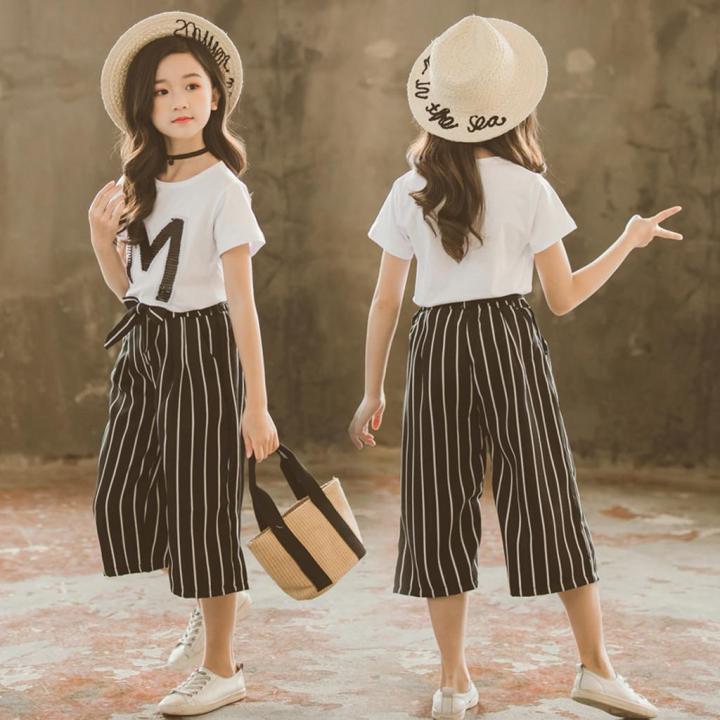Teen Kids Girls Letter Sequin T-shirt Short Sleeve Tops Stripe Pants Outfits Set