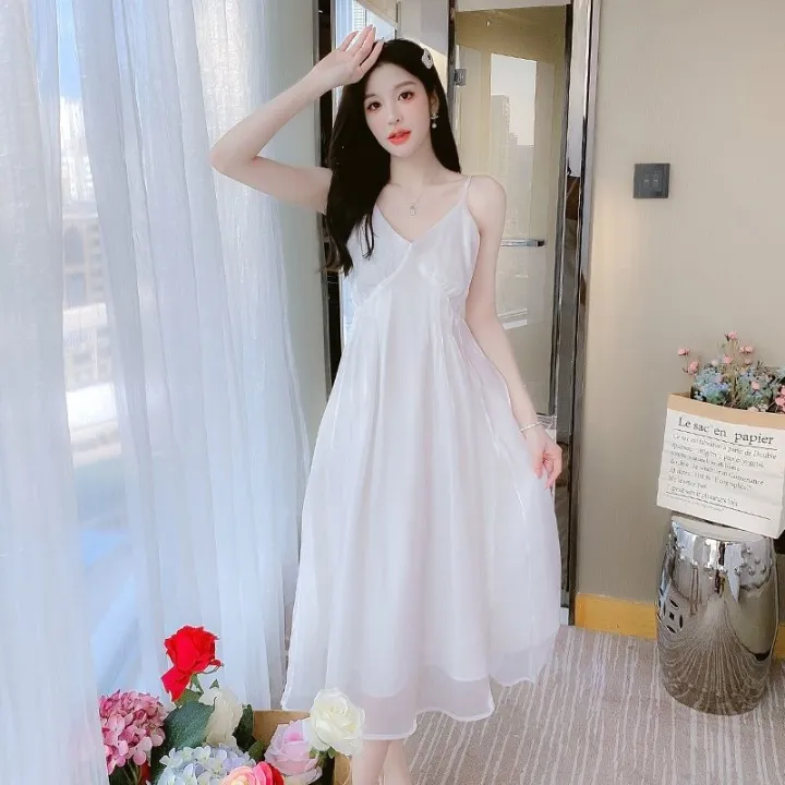 White%20Moonlight%20Cinnabar%20Mole%202022%20Amoi%20Glossy%20Silk%20Temperament%20Slimming%20Youthful-Looking%20Overall%20Dress%20Set%20Super%20Fairy%20Dress%20-%20Image%205