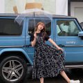 【sought-after】 Women's T-shirt two Pcs Korean style Summer Dress Mid-Length Floral Printed Boho Casual Daily Chiffon floral black Dress. 