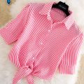 Chiffon Short-Sleeved Shirt for Female Students Stripe College Style Versatile Spring and Summer New plus Size Bow T T-shirt. 