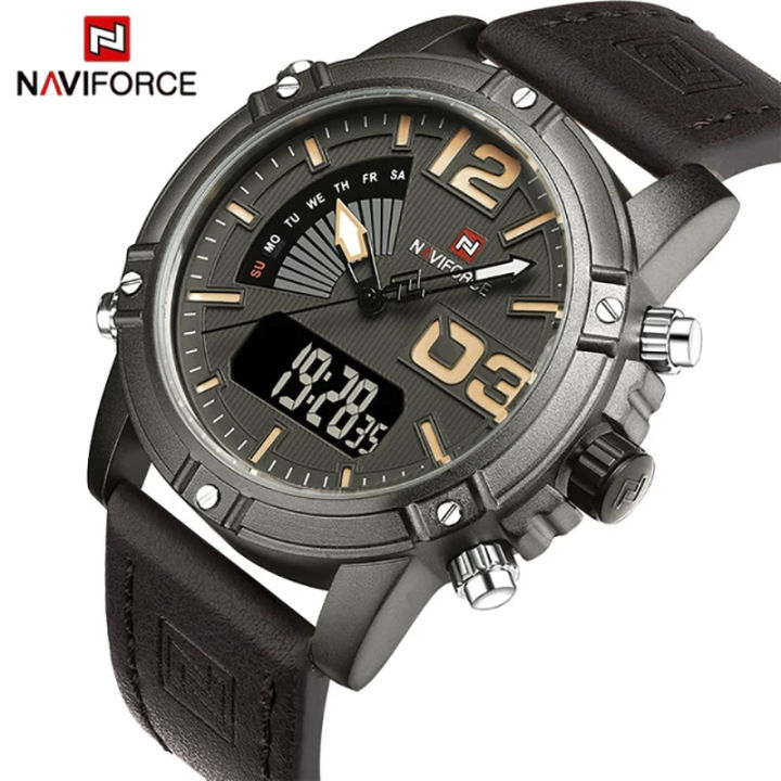 NAVIFORCE NF9095 Luminous Faux Leather Strap Analog Digital Watch for Men- Chocolate